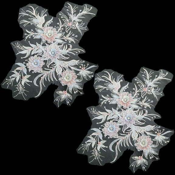 2Pcs 3D Embroidered Flower Fabric Sequin Beaded Applique Decorative Rhinestone Embellishments Sew on Lace Patches for DIY Making