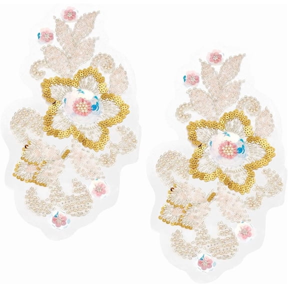 2Pcs 3D Floral Sequin Applique Pearl Embroidery Lace Flower Patches Colorful Polyester Beaded Lace Sew on Tulle Appliques for Sewing Making Clothes Wedding Gown Costume Embellishments Supply Yellow