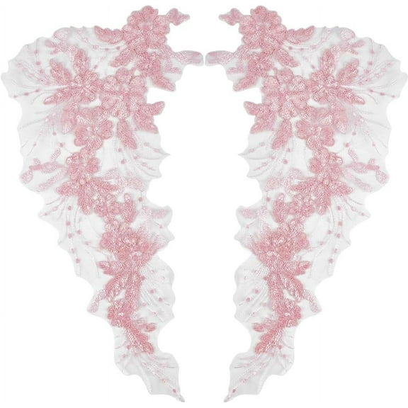 2Pcs 3D Flower Lace Appliques Pink Sequins Embroidered Lace Sew on Applique Floral Motif Fabric Collar Trim Patches DIY Crafts DIY