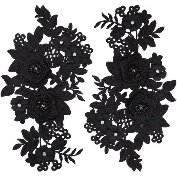 2Pcs 3D Flower Lace Appliques Rhinestone Beaded Embroidered Sew on/Iron on Patch Black Floral Motif Cloth Collar Trim Patches