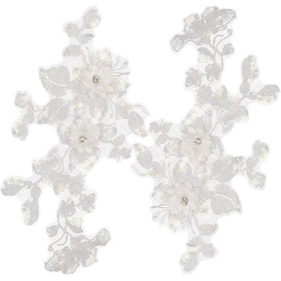 2Pcs 3D Flowers Embroidered Lace Applique Sew on Trim Patches Glitter Sequins Beaded Floral Collar Fabric Craft Decoration Patch for Sewing Wedding Clothes Dress Pants Jeans Bag White