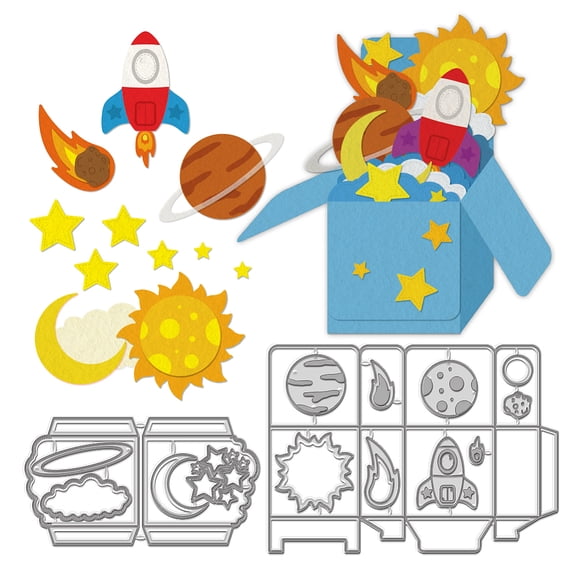 2Pcs 3D Gift Box Space Metal Cutting Dies Universe Planet Carbon Steel Cut Stencil for Card Making Scrapbooking Greeting Cards