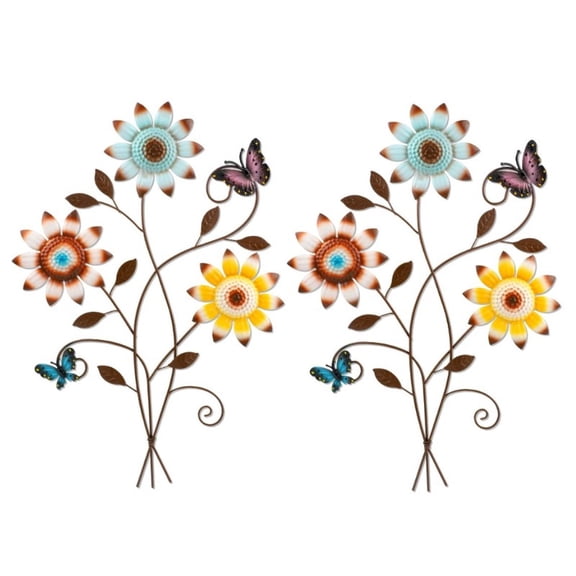 2Pcs 3D Metal Sunflower Wall Art with Butterflies, Colorful Outdoor and Indoor Wall Decor for Patio Garden Porch Balcony Living Room Farmhouse Style