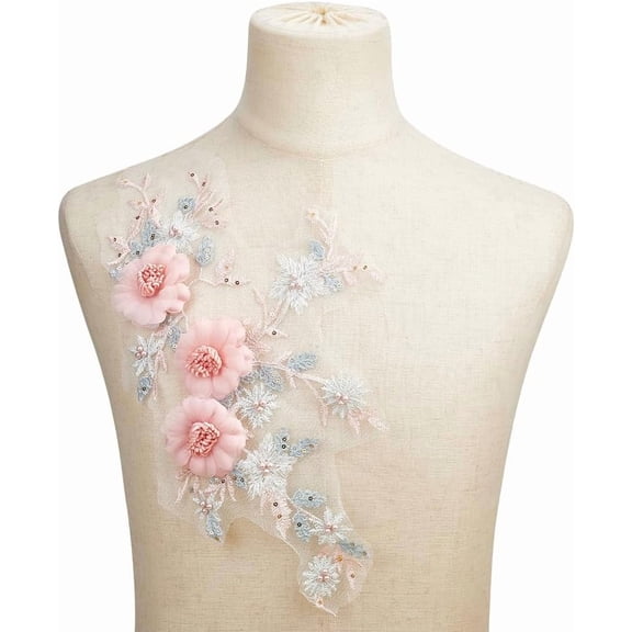 2Pcs 3D Pink Flower Appliques Floral Embroidery Lace Appliques Sew on Flower Bead Patches Decorative Repair Patch