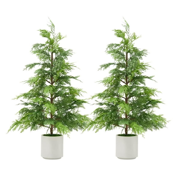 2Pcs 3Ft Artificial Cedar Topiary Trees with White Pot, Faux Plants, UV Resistant Fake Evergreen, Artificial Christmas Tree for Outdoor Indoor Door Garden Farmhouse Home Decoration