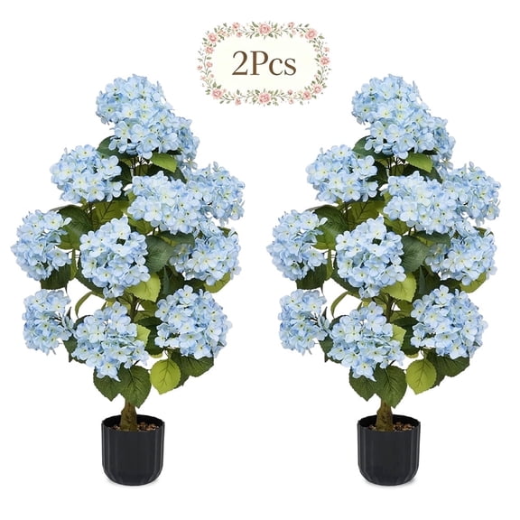 2Sets-3Ft Simulation Hydrangea Tree, Equipped with Realistic Blue Hydrangea Flowers and Evergreen Leaves, Suitable for Indoor and Outdoor Bonsai Flower Decoration
