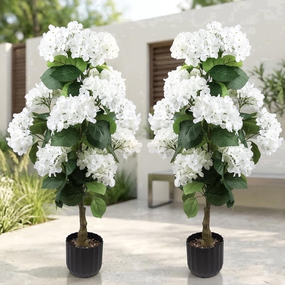 2Pcs 3-Foot Artificial Hydrangea Tree White and Evergreen Leaves Suitable for Indoor and Outdoor Bonsai Decoration