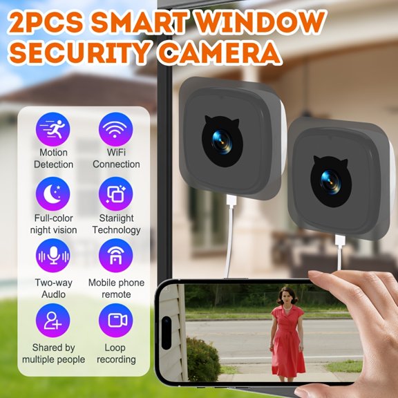 2Pcs 3MP HD Window Security Camera Dual Band 2.4G/5G WiFi AI Full Color Night Vision Human Motion Detection 911 Emergency Alert Two-Way Audio Easy Install Indoor Monitor