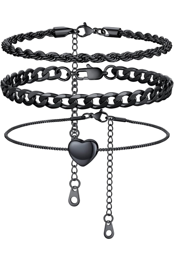 2Pcs/3Pcs Ankle Bracelets for Women, Stainless Steel Cuban Link/Figaro/Rope/Heart Chain Anklets Sets,Waterproof Layered Anklets Adjustable 8.5"-10.5"