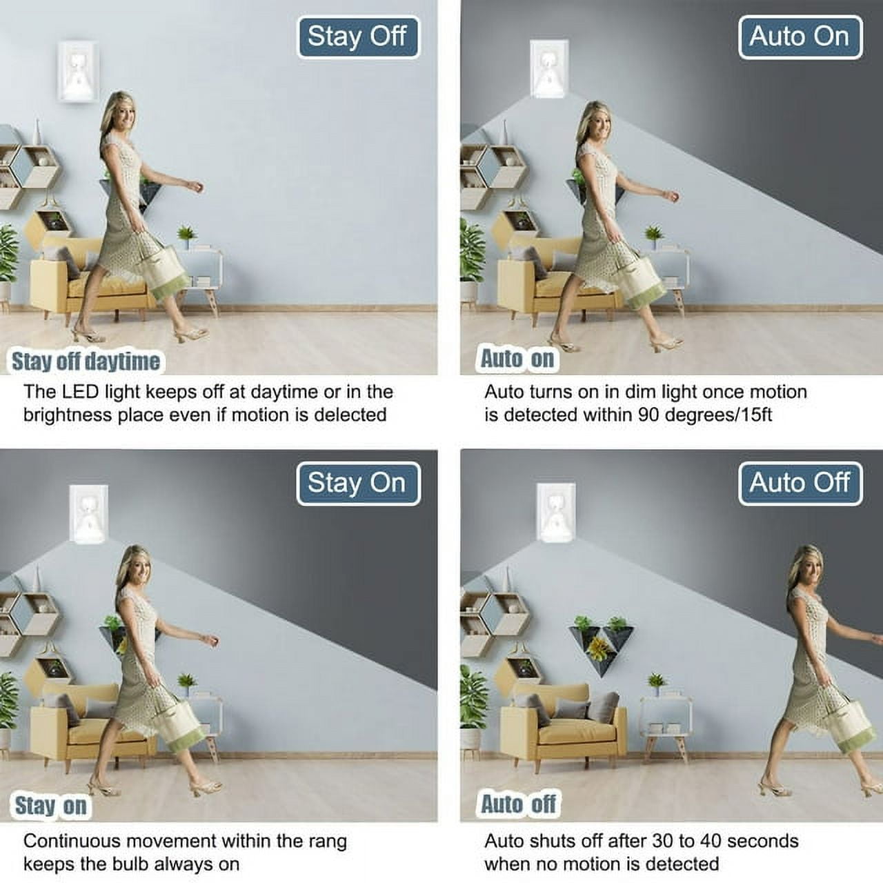 2Pcs 3W Auto On/Off Nightlight, Plug in LED Night Light with Motion