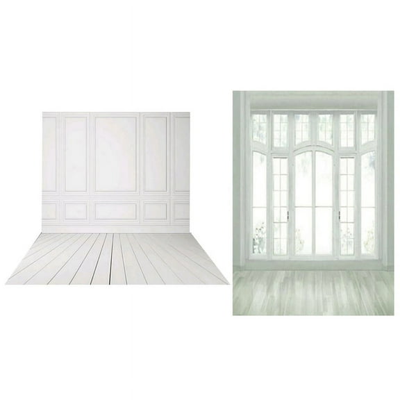 2Pcs 3X5Ft Vinyl Photography Backdrops Wedding Background for Photo - White Brick Wall Wood Floor & European Window Floor