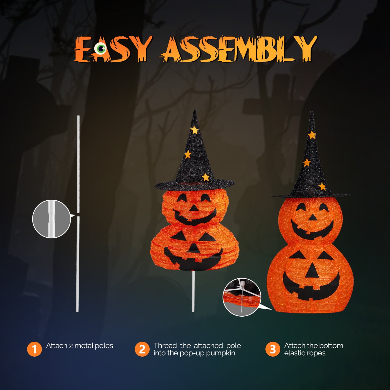 2Pcs 3ft Halloween Collapsible Pumpkin Decorations 150 LED Lights