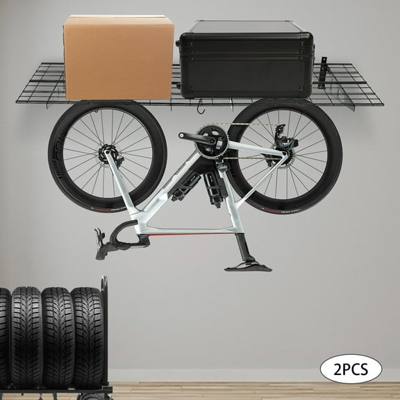 2Pcs 400LBS Garage Shelving with Hooks, Garage Storage Rack, Garage Wall Shelf 6 Hooks