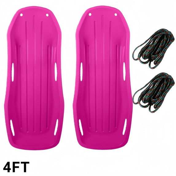 2Pcs 4FT Pink All-Terrain Snow Sled, Toboggan with Tow Rope & Polished Base for Speedy Downhill Glide