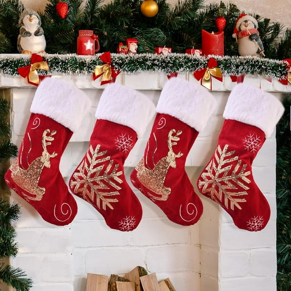 2Pcs/4Pcs Christmas Stockings, Red Velvet Christmas Stocking with Gold Sequins Hand Sewn Snowflake and Reindeer Patterns for Christmas Decorations Fireplace Hanging Ornament Xmas Gift