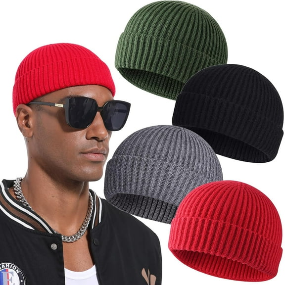 2Pcs/4Pcs Unisex Wool Short Fisherman Beanie for Men Women, Knit Cuff Warm Winter Hats, Soft Skull Cap Watch Hat