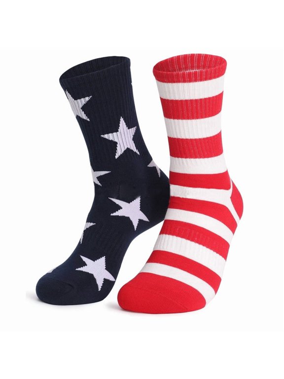 2Pcs 4th of July Patriotic Star Striped Crew Socks, USA Flag Independence Day Mid Calf Socks for Men