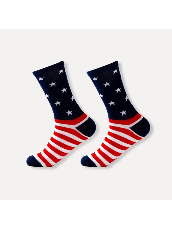 2Pcs 4th of July Patriotic Star Striped Crew Socks, USA Flag Independence Day Mid Calf Socks for Men