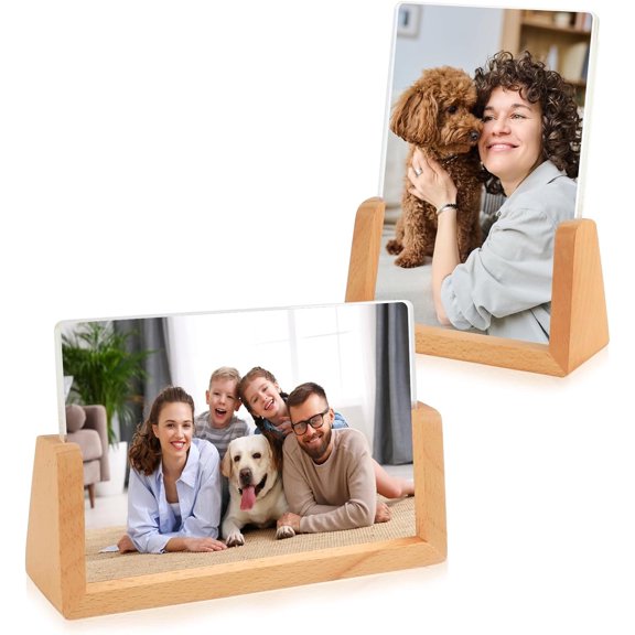 2Pcs 4x6 Picture Frame, Wooden Photo Frame with Beech Wood Base and Clear Acrylic Covers, Rustic Decorative Frame for Home, Tabletop, Desktop Display, Shelf