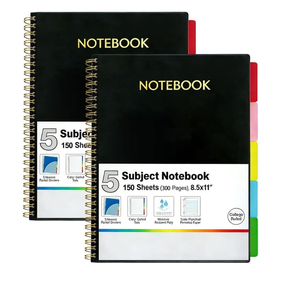 2Pcs 5 Subject Notebook College Ruled Spiral Notebook Journal with Removable Dividers Tabs 300 Pages 8.5"x11" 5 Pocket Colored Dividers, 3-Hole Punched Paper for Work Women Black