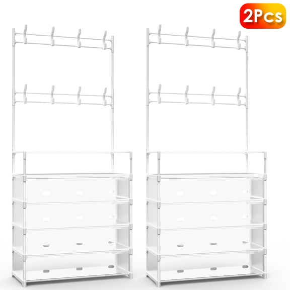 2Pcs 5-Tier Freestanding Entryway Organizer with 8 Removable Hooks, Shoe Rack, Coat Rack, and Storage Shelf for Hats, Clothes, and Shoes – Perfect for Front Door, Bedroom, or Hallway