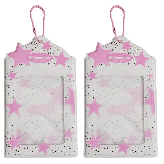 2Pcs 5 x 3 Inch Photo Card Badge Holder Lanyard Keychain Card Holder Pink Star PVC Rectangle Clear Frame Hanging Display Protector Sleeves