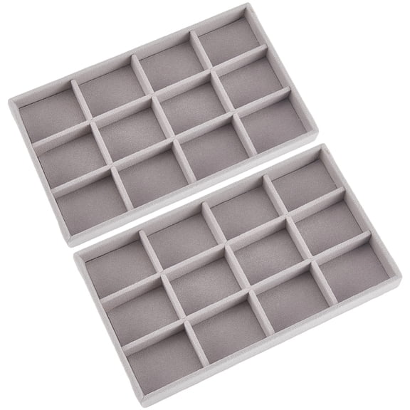 2Pcs 5 x 8.3 Inch Velvet Jewelry Trays Stackable Jewelry Organizer Removable Divider 12 Grids Divided Gray Necklace Storage Container Box Dresser