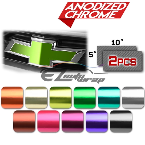 2Pcs 5"x10" Chevy Emblem Bowtie Anodized Chrome Neon Yellow Vinyl Wrap Sticker Decal Film Sheet