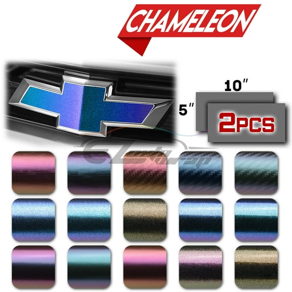 2Pcs 5"x10" Chevy Emblem Bowtie Chameleon Carbon Fiber Purple Blue Vinyl Wrap Sticker Decal Film Overlay Sheet