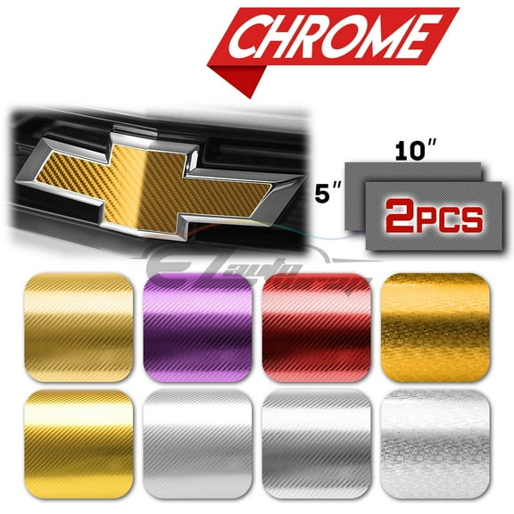 2Pcs 5"x10" Chevy Emblem Bowtie Chrome Pattern 3D Gold Carbon Fiber Vinyl Wrap Sticker Decal Film Sheet