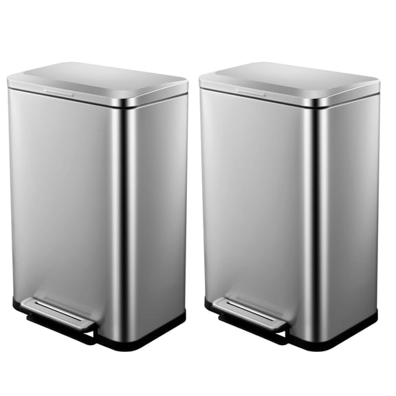 2Pcs 50 Liter / 13 Gallon Trash Can,Stainless Steel Rectangular Steel Pedal Recycle Bin with Lid and Inner Buckets,Hands-Free Garbage Bin for Kitchen,Living Room,Bathroom
