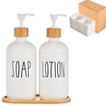 thumbnail image 1 of 2Pcs 500ml Soap Dispenser Bottles with Bamboo Pump and Tray for Kitchen Bathroom, White, 1 of 10