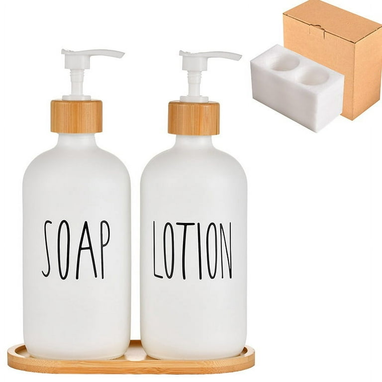2Pcs 500ml Soap Dispenser Bottles with Bamboo Pump and Tray for Kitchen  Bathroom, White 