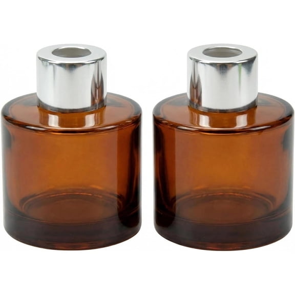 2Pcs 50ml/1.7oz Empty Refillable Amber Round Glass Diffuser Bottle with Silver Lid Diffuser Jars Containers Fragrance Accessories Use for DIY Home Crafts Decor
