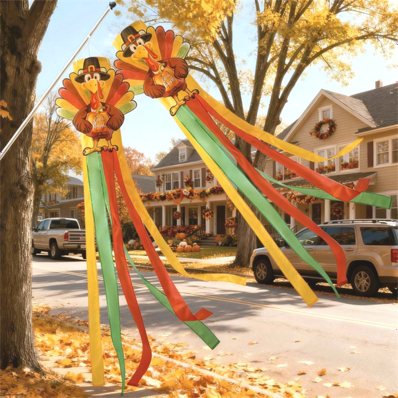 2Pcs 55in Fall Thanksgiving Turkey Windsocks Decorations,Vintage Fall Hanging Wind Sock Decor,Thanksgiving Party Home Farmhouse Yard Front Door Window Wind Sock Decor
