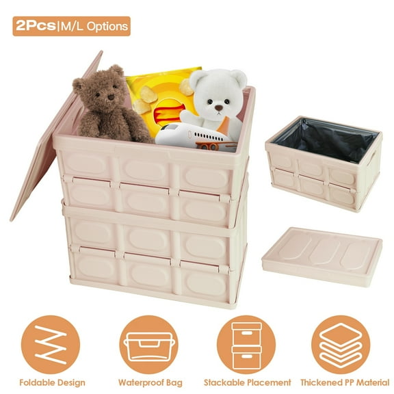 2Pcs 56L Teqhome Foldable Storage Bins Collapsible Storage Box Stackable Utility Storage Bin with PP Lid Waterproof Interior Bag Handle Khaki