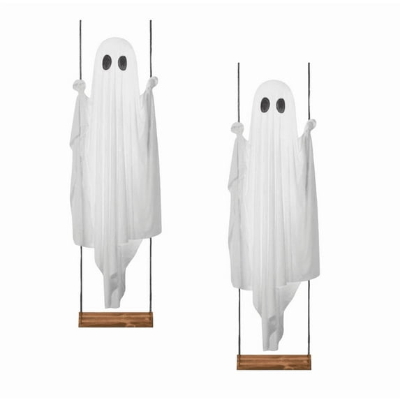 2Pcs 5FT Hanging Swing Ghost Halloween Decor - Adjustable Height LED Lighted Outdoor Halloween Decorations for Porch, Yard & Trees, Spooky Cute Ghosts Lights with 8 Lighting Modes