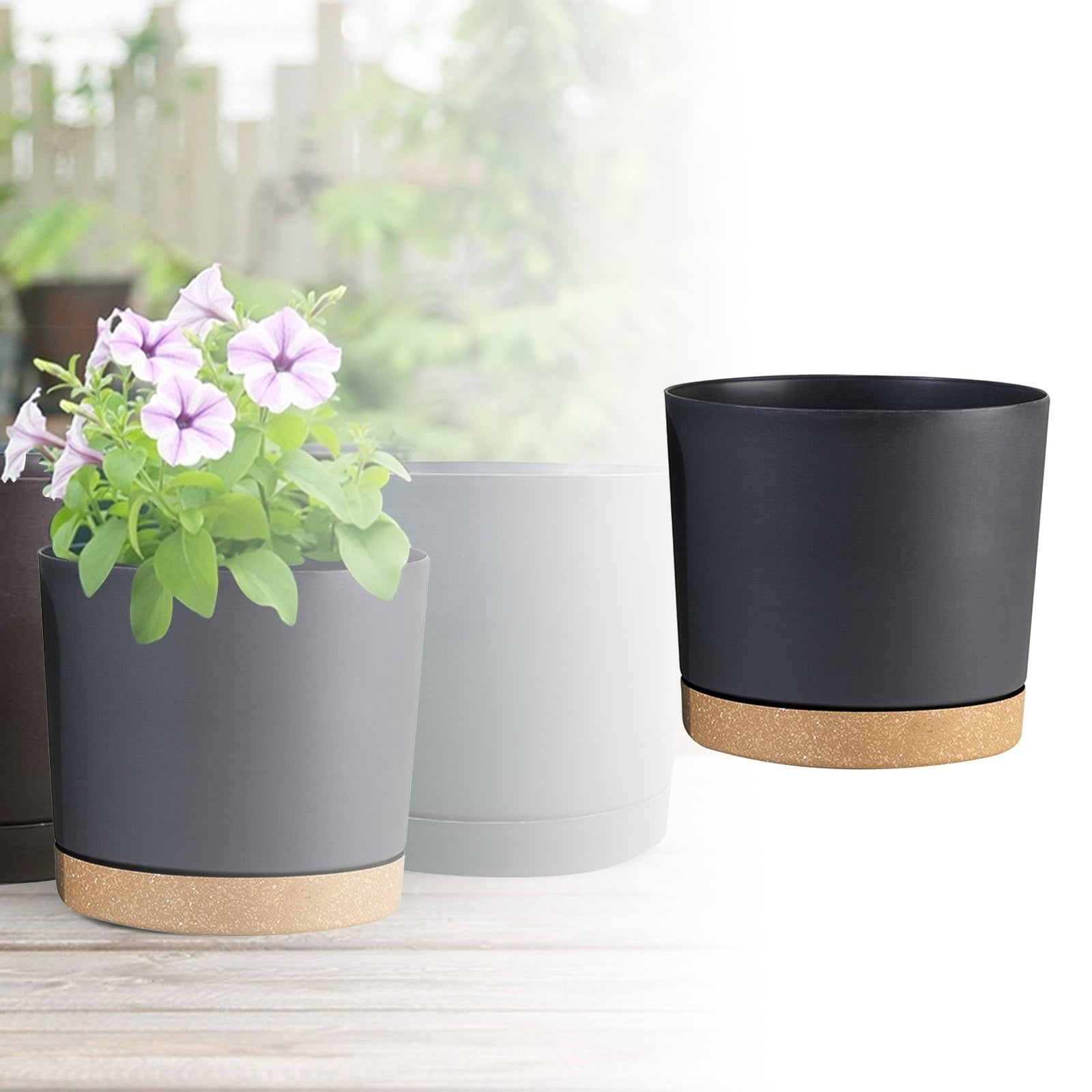 2Pcs 6.5" Plastic Flower Pots With Drainage Holes And Tray Thickened Round Planter For Indoor Outdoor Plants-Black
