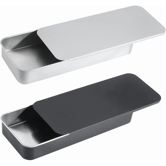 2Pcs 6.6 x 2.8 x 0.9 Inch Slide Top Metal Tins Slide Box Container Black Rectangular Lid Colorful Iron Tinplate Refillable Storage Case Containers