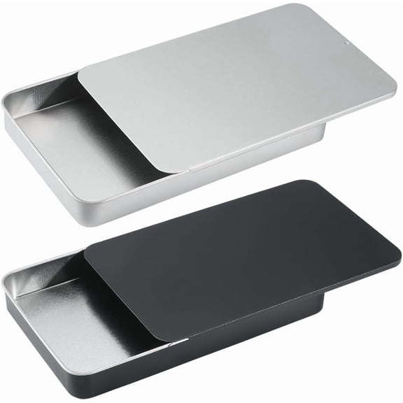 2Pcs 6.6 x 4 x 0.8 Inch Metal Slide Tin Slide Top Containers Rectangle Lid Black Silver Empty Iron Tinplate Refillable Portable Storage Case Boxes for Beads Floss Jewelry Craft Travel DIY