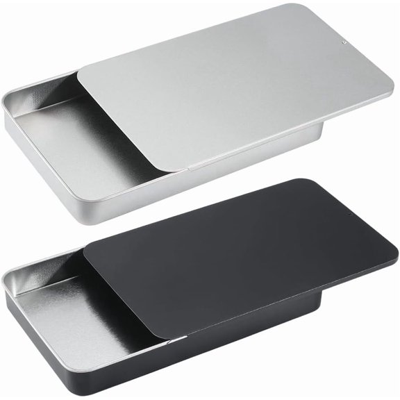 2Pcs 6.6 x 4 x 0.8 Inch Metal Slide Tin Slide Top Containers Rectangle Lid Black Silver Empty Iron Tinplate Refillable Portable Storage Case Boxes for DIY
