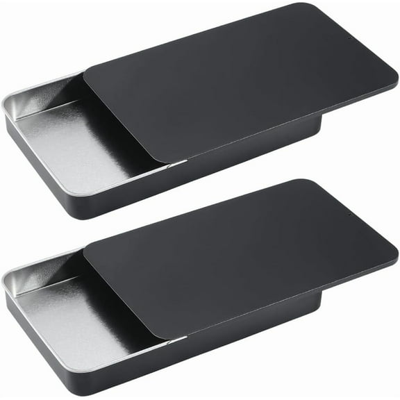 2Pcs 6.61 x 4.06 x 0.77 Inch Metal Container Slide Lid Portable Tin Box Empty Rectangular Top Lid Containers Portable Reusable Travel Storage Box for Crafts Jewelry Candy Dental Floss Purse Black