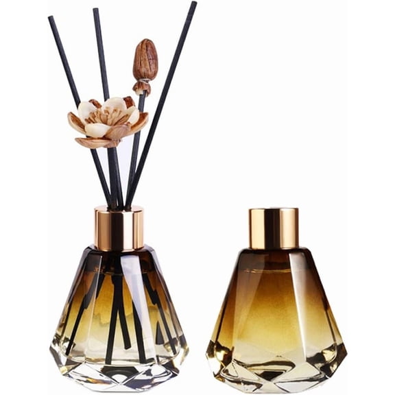 2Pcs 60ml/2oz Empty Refillable Amber Diamond Shape Glass Diffuser Bottle with Gold Lid Essential Incense Oil Diffuser Jars Fragrance Scent Diffuser for Home Office Shelf Decor (Exclude Sticks)