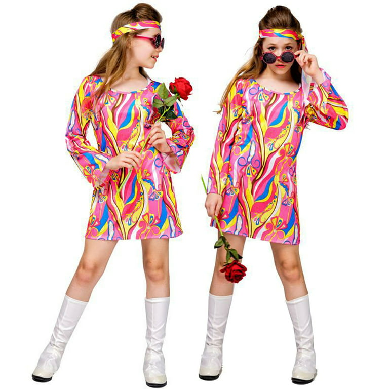 2Pcs 60s 70s Outfit for Girls Kids Hippie Costume Bell Sleeve Print Disco  Dress with Headband Halloween Cosplay Dancing Dress