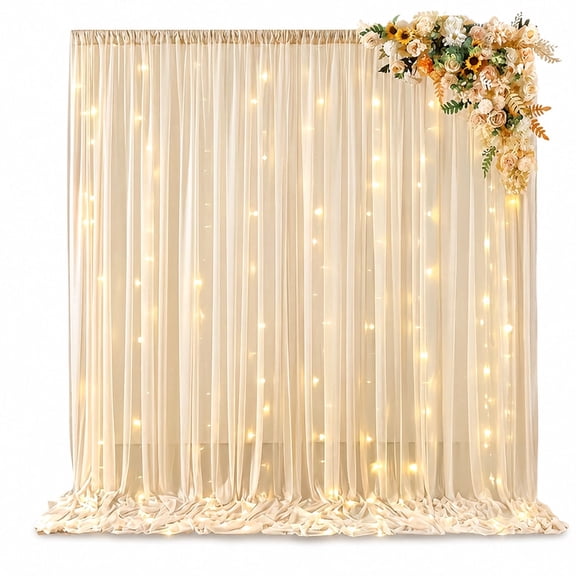 2Pcs 63 x 118 Inch Sheer Backdrop Curtains with Remote Control String Lights, Sage Green or Champagne Tulle Backdrop Drapes for Wedding, Bridal Shower, Birthday Party, Photo Booth & Decor