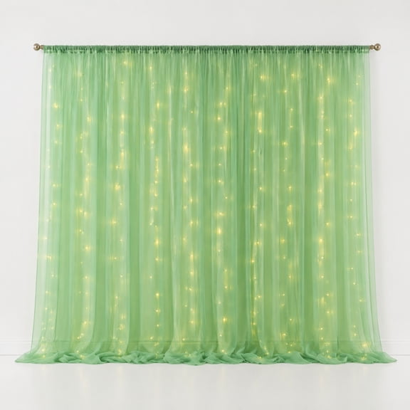 2Pcs 63 x 118 Inch Sheer Backdrop Curtains with Remote Control String Lights, Sage Green or Champagne Tulle Backdrop Drapes for Wedding, Bridal Shower, Birthday Party, Photo Booth & Decor