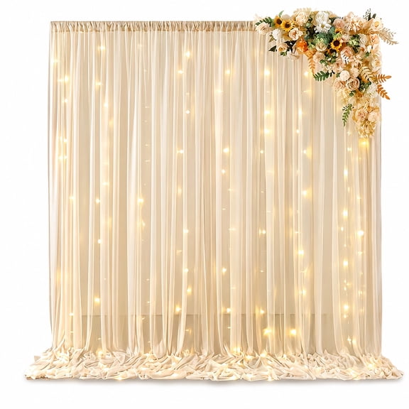2Pcs 63 x 118 Inch Sheer Backdrop Curtains with Remote Control String Lights, Sage Green or Champagne Tulle Backdrop Drapes for Wedding, Bridal Shower, Birthday Party, Photo Booth & Decor