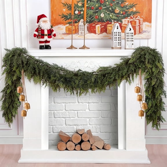 2Pcs 6FT Artificial Cedar Garlands, Real Touch Winter Cedar Pine Garland, Green Artificial Greenery Garland for Table, Mantle, Wall, Indoor, Outdoor Christmas Decorations