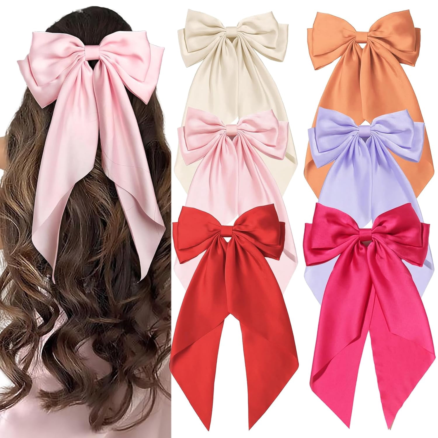2Pcs/6Pcs Silky Satin Hair Bows and Barrettes - Vintage Ribbon Clips ...