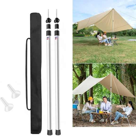 2Pcs 7.5ft Telescopic Tent Poles Adjustable Aluminum Tarp Poles Lightweight Replacement Tent Canopy Poles with Nylon Bag for Outdoor Camping RV Awning Shelter, Silver